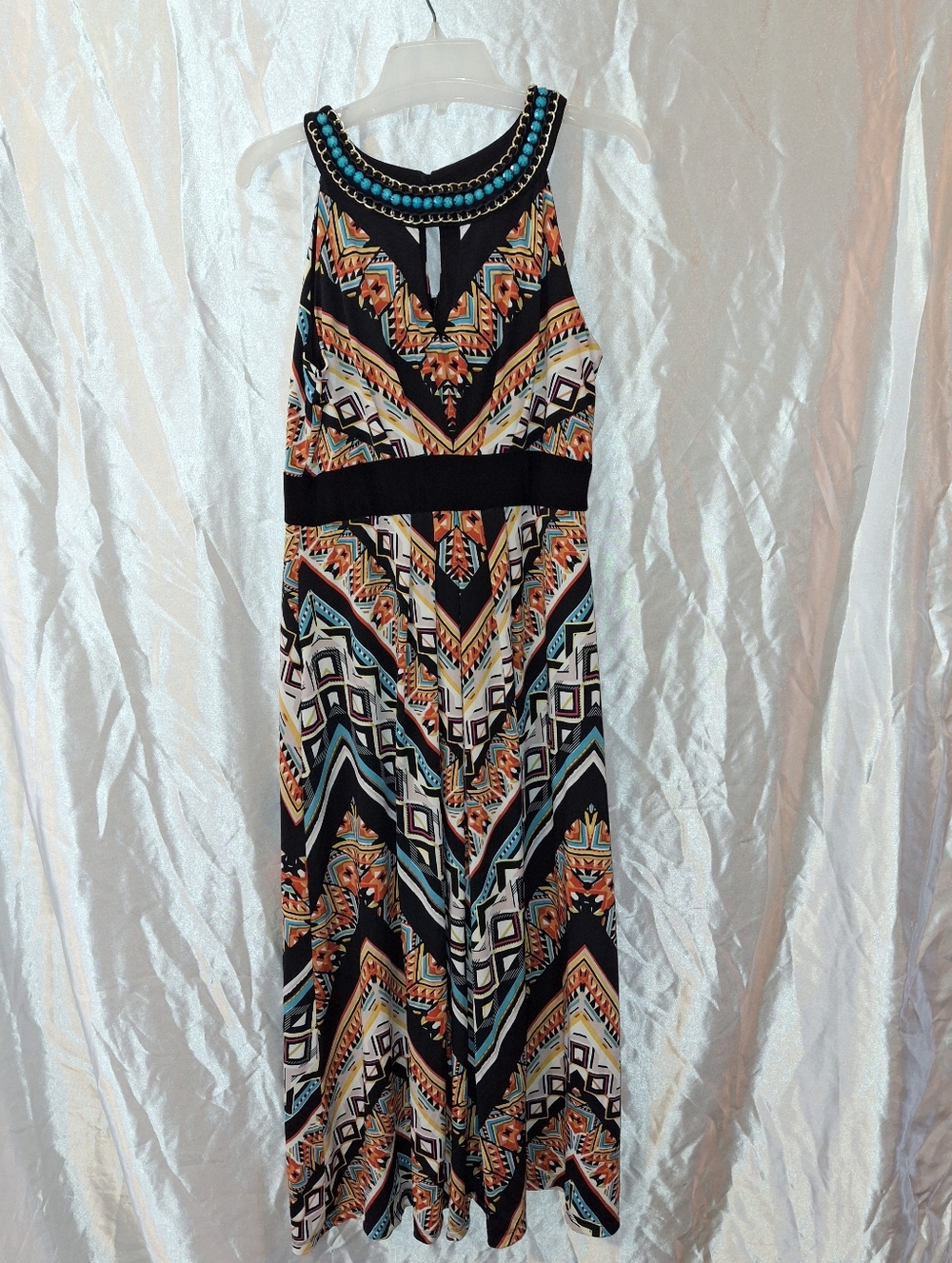 Maxi Dress, Sleeveless, Black, Orange, Turquoise, Jersey Knit